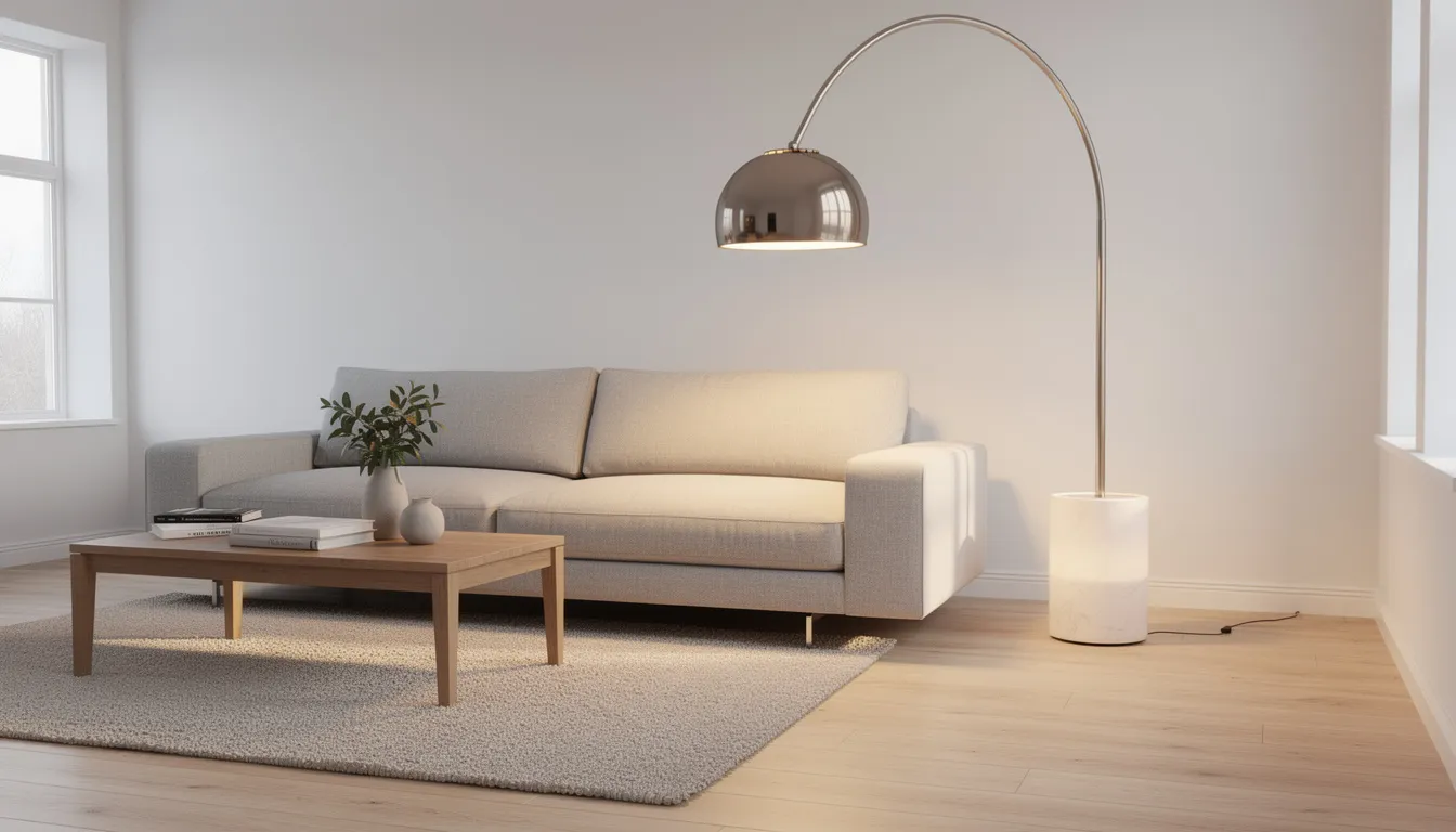 En modern skandinavisk vardagsrum med en ikonisk, kurvig golvlampa med marmorbasis som sprider ett varmt ljus. Lampan, inspirerad av italiensk design, bidrar till rummets stiliga och tidlösa estetik.