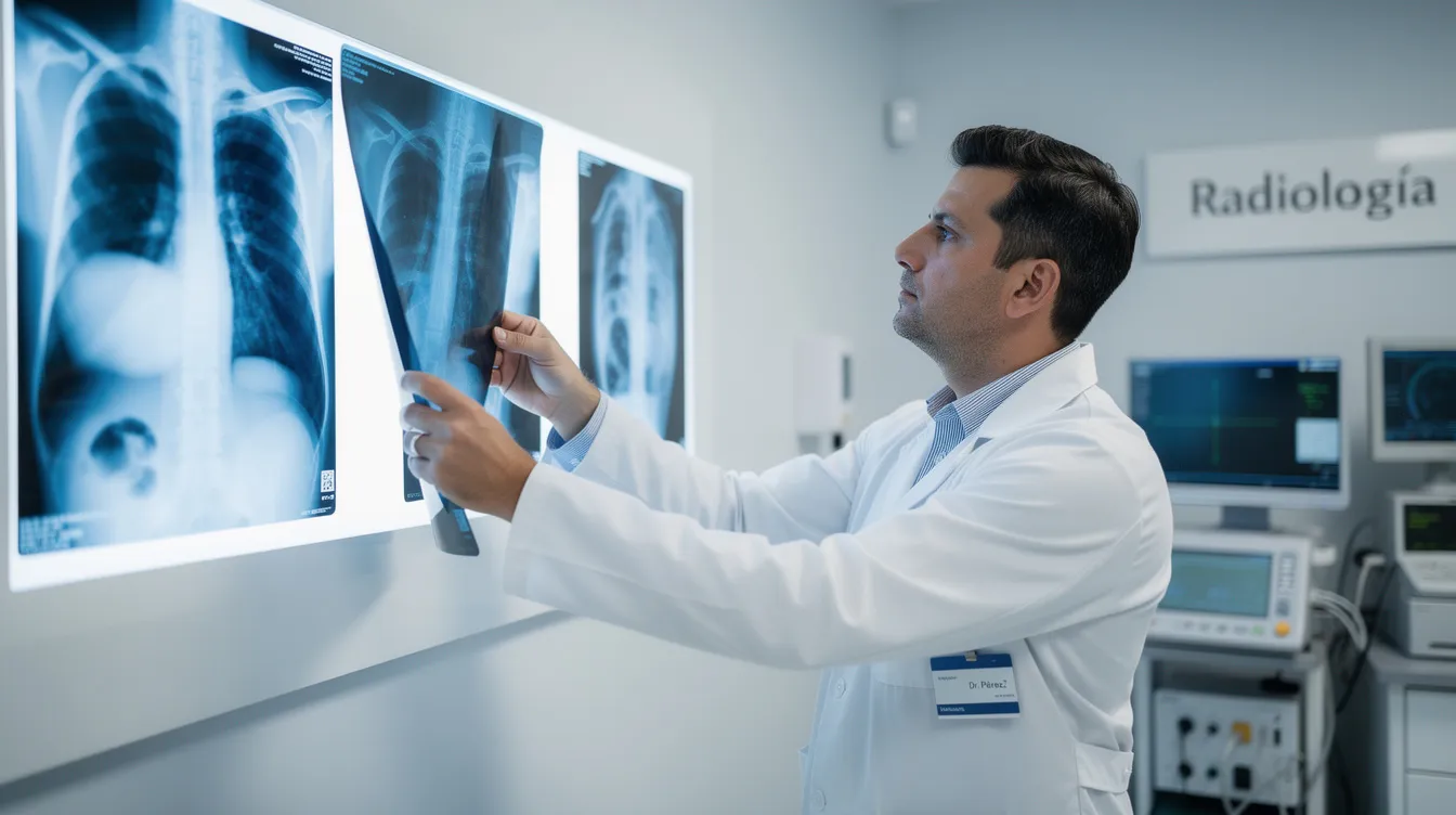 Un profesional médico está examinando radiografías de un paciente, evaluando posibles lesiones después de un accidente automovilístico. La atención se centra en identificar daños que podrían requerir compensación y la intervención de abogados especializados en accidentes en Houston.