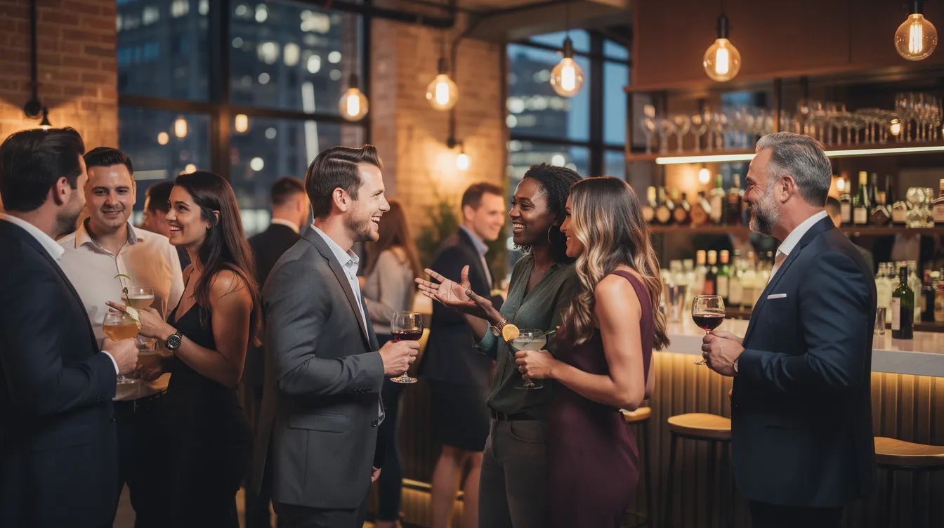 A lively group of singles engages in conversation at a modern social event, each holding drinks and sharing laughter. The atmosphere is filled with the potential for connection as they explore their compatibility and shared interests, possibly considering the idea of a long-term relationship.