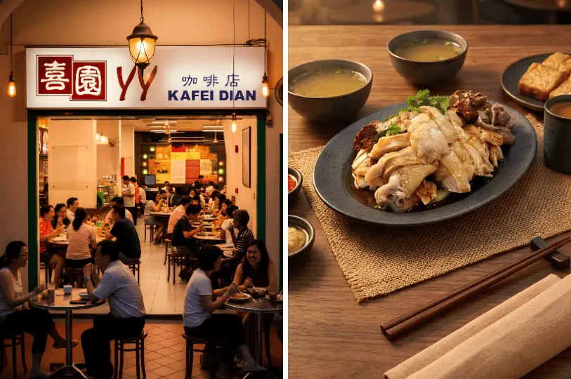 A split photo capturing the bustling, traditional atmosphere of diners inside the YY Kafei Dian coffee shop on the left, and a beautifully plated serving of Hainanese steamed chicken with dark soy sauce and sides on the right.