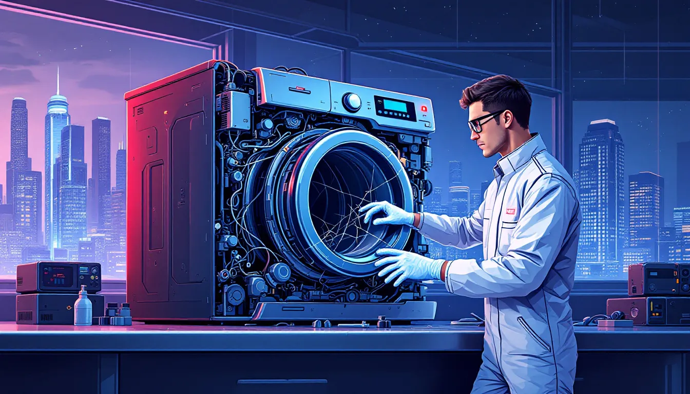 A malfunctioning commercial washing machine being inspected by a technician, highlighting common issues in laundry equipment.