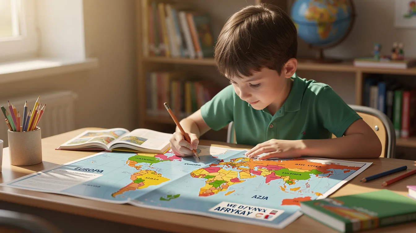 Na obrazku widzimy ucznia szkoły podstawowej siedzącego przy biurku, przed którym leży atlas oraz kolorowa mapa świata. Mapa przedstawia kontynenty, oceany oraz ważne linie geograficzne, takie jak równik, zwrotnik raka i zwrotnik koziorożca, co może być pomocne w nauce geografii w klasie 5.