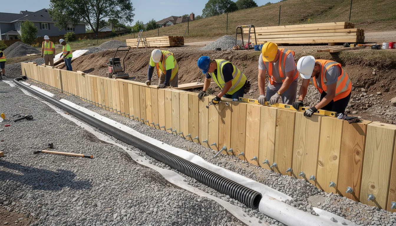 A team of construction workers is actively building a timber retaining wall, ensuring proper drainage installation to prevent erosion and maintain structural integrity. This retaining wall project complies with local building codes and safety regulations, creating a usable outdoor space while addressing the needs of the property.