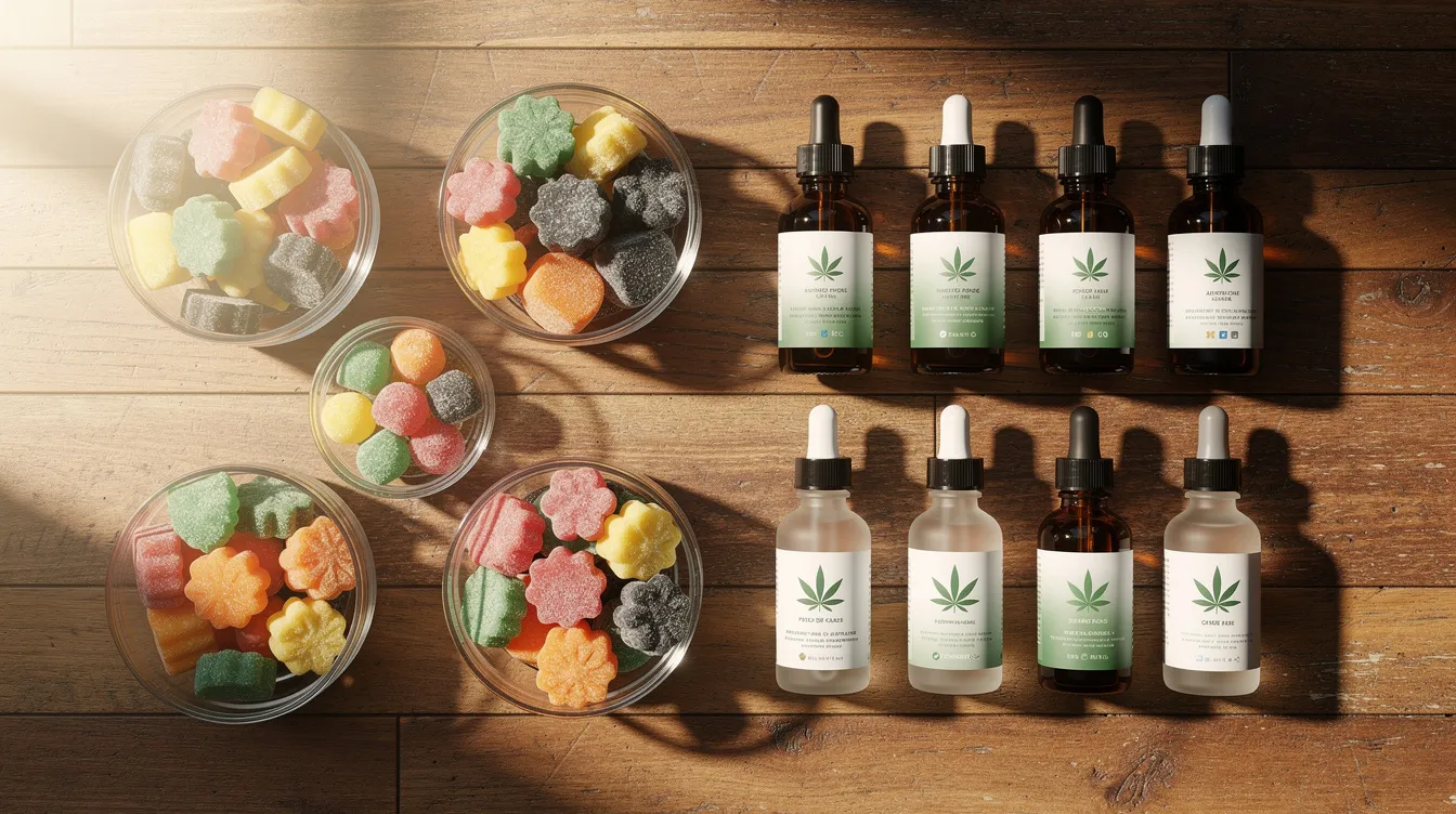 The image features an assortment of consumable hemp products, including colorful hemp gummies and various tincture bottles, all neatly arranged on a wooden surface. These premium hemp products reflect the growing interest in hemp-derived cannabinoids and are compliant with federal regulations under the federal farm bill.
