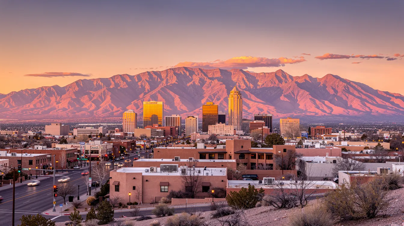 The image captures the Albuquerque skyline at sunset, with the Sandia Mountains majestically rising in the background, bathed in warm hues of orange and pink. This picturesque view reflects the beauty of New Mexico, a region known for its strong healthcare system and ongoing discussions surrounding medical malpractice and personal injury laws.