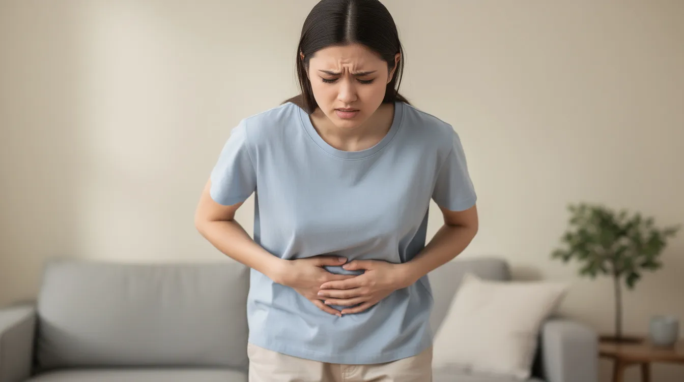 Une femme se tient le bas-ventre avec une expression d'inconfort, illustrant les symptômes de l'adénomyose et les douleurs pelviennes qui peuvent survenir pendant le cycle menstruel. Son visage exprime une gêne, reflétant le gonflement et la douleur associés à cette maladie.