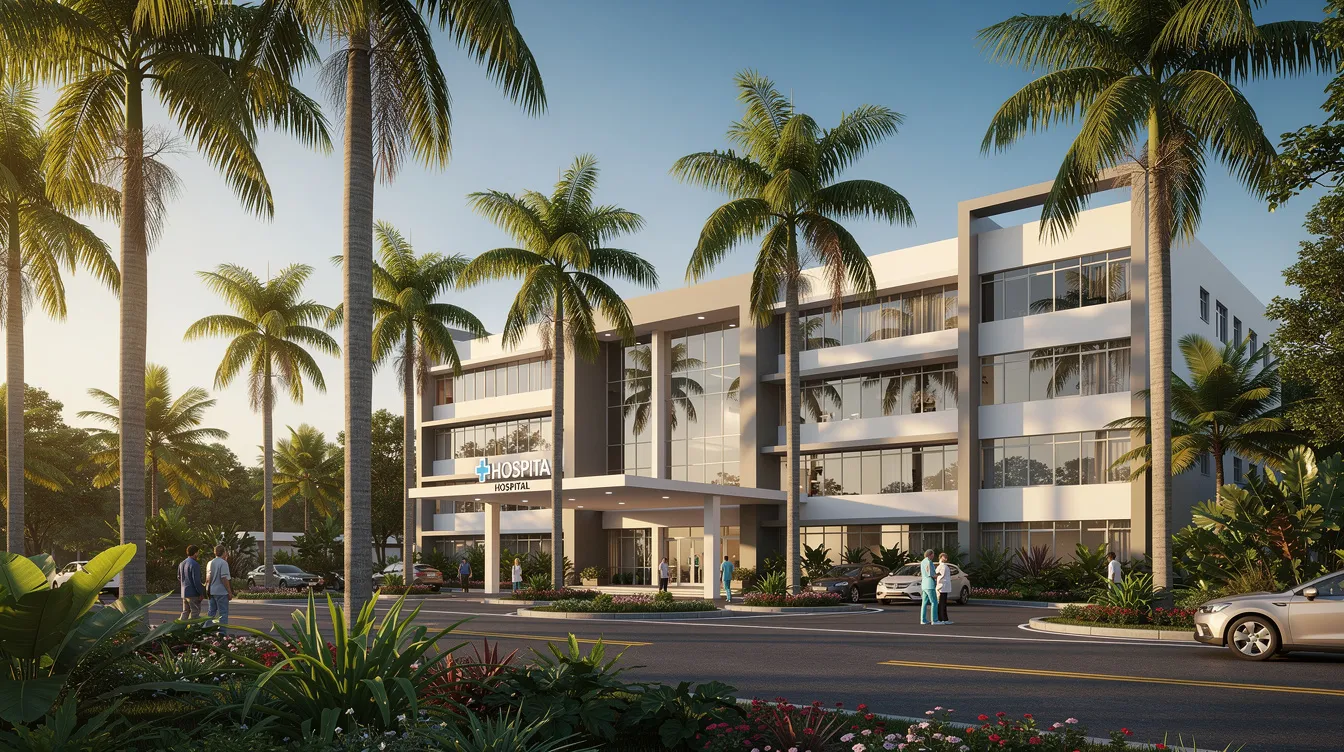 The image depicts a modern hospital building surrounded by lush palm trees, set in a vibrant tropical environment, reminiscent of healthcare facilities in Thailand. This scene highlights the importance of having travel insurance for Thailand, especially for medical emergencies and unexpected medical costs while visiting the country.