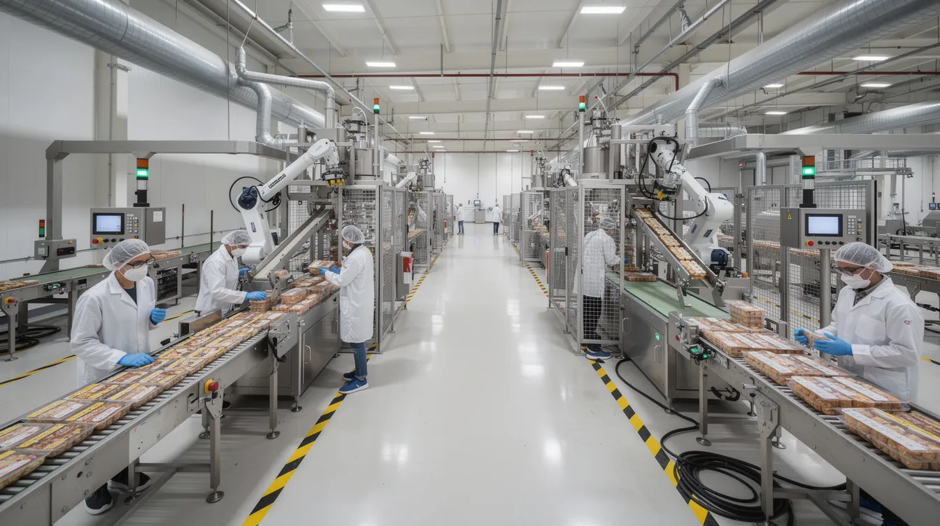 48aff59d 25b0 442e b784 a80fd71bb4e8 The image depicts the interior of a large food processing factory, showcasing multiple conveyor lines and industrial machinery used for poha production. Various poha processing machines, including automatic and semi-automatic types, are visible, highlighting the factory's capacity and efficiency in producing this popular Indian snack.
