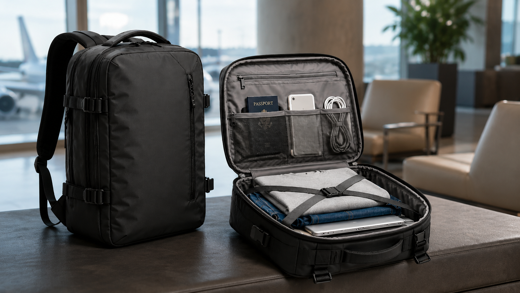 Travel backpack with a clamshell opening and organized clothing, documents, and accessories