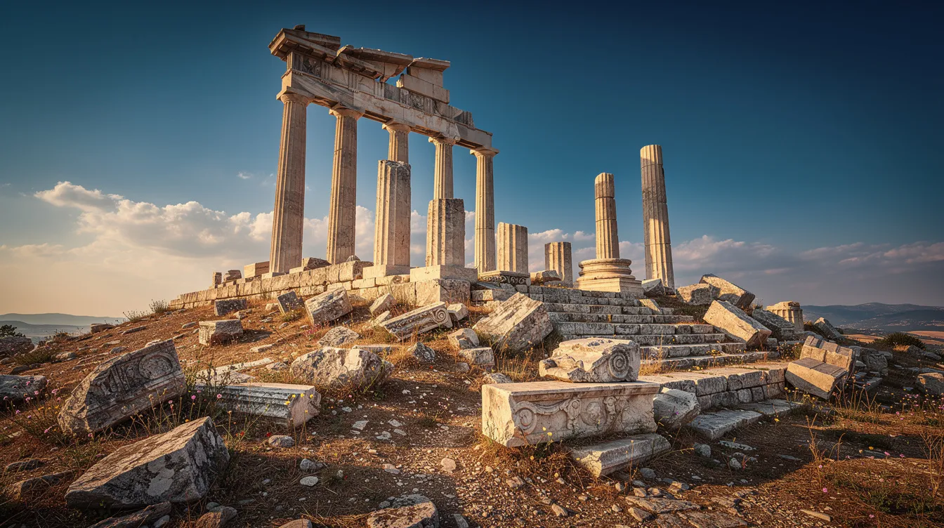 Ruínas de um antigo templo grego em uma colina, sob um céu azul claro, evocando a rica história e cultura da Grécia antiga. A estrutura remanescente, com colunas imponentes, reflete a arquitetura clássica que remonta a séculos atrás.