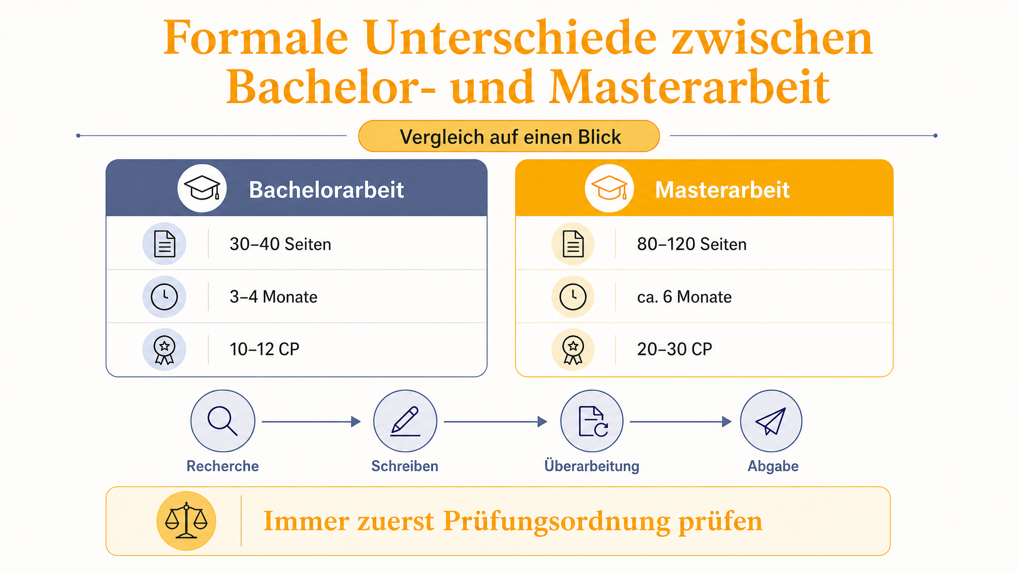 Formale Unterschiede zwischen Bachelorarbeit und Masterarbeit im Überblick mit Seitenzahl, Bearbeitungszeit und Credit Points