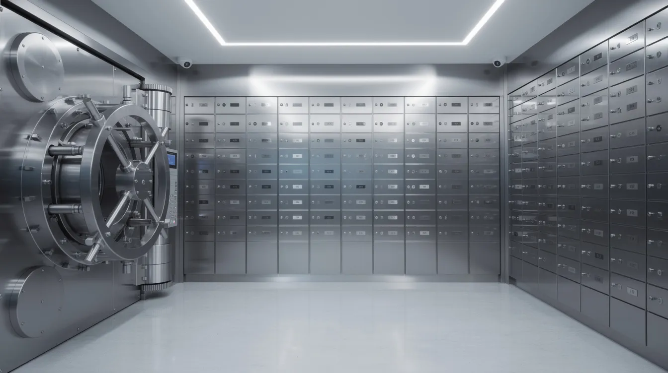 The image depicts a modern, secure vault filled with safety deposit boxes, emphasizing the importance of secure storage for precious metals such as gold and silver bullion. This secure environment is ideal for individuals looking to protect their retirement savings through a gold IRA account or other gold IRA companies.