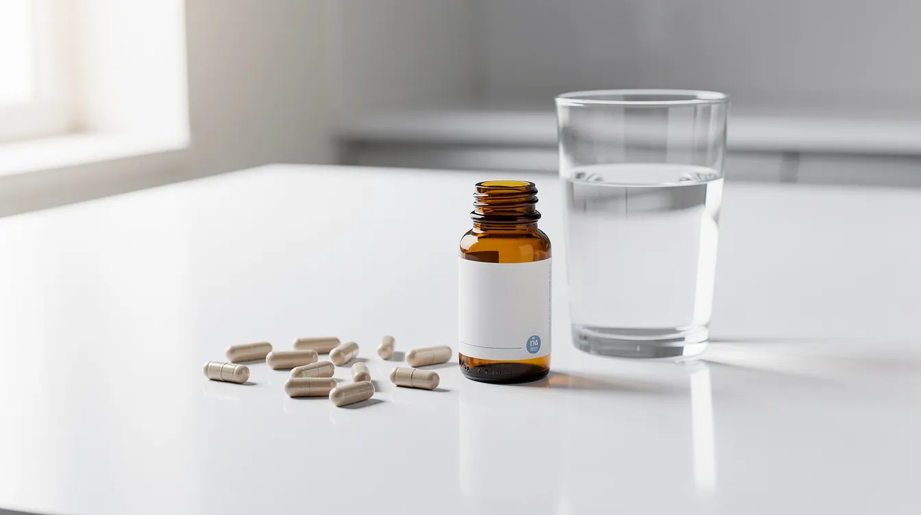 The image shows several colorful supplement capsules alongside a glass bottle on a clean white countertop, with a glass of water nearby. These mushroom supplements are often associated with health benefits, including support for respiratory health and potential anti-inflammatory properties that may help asthma patients manage their symptoms.