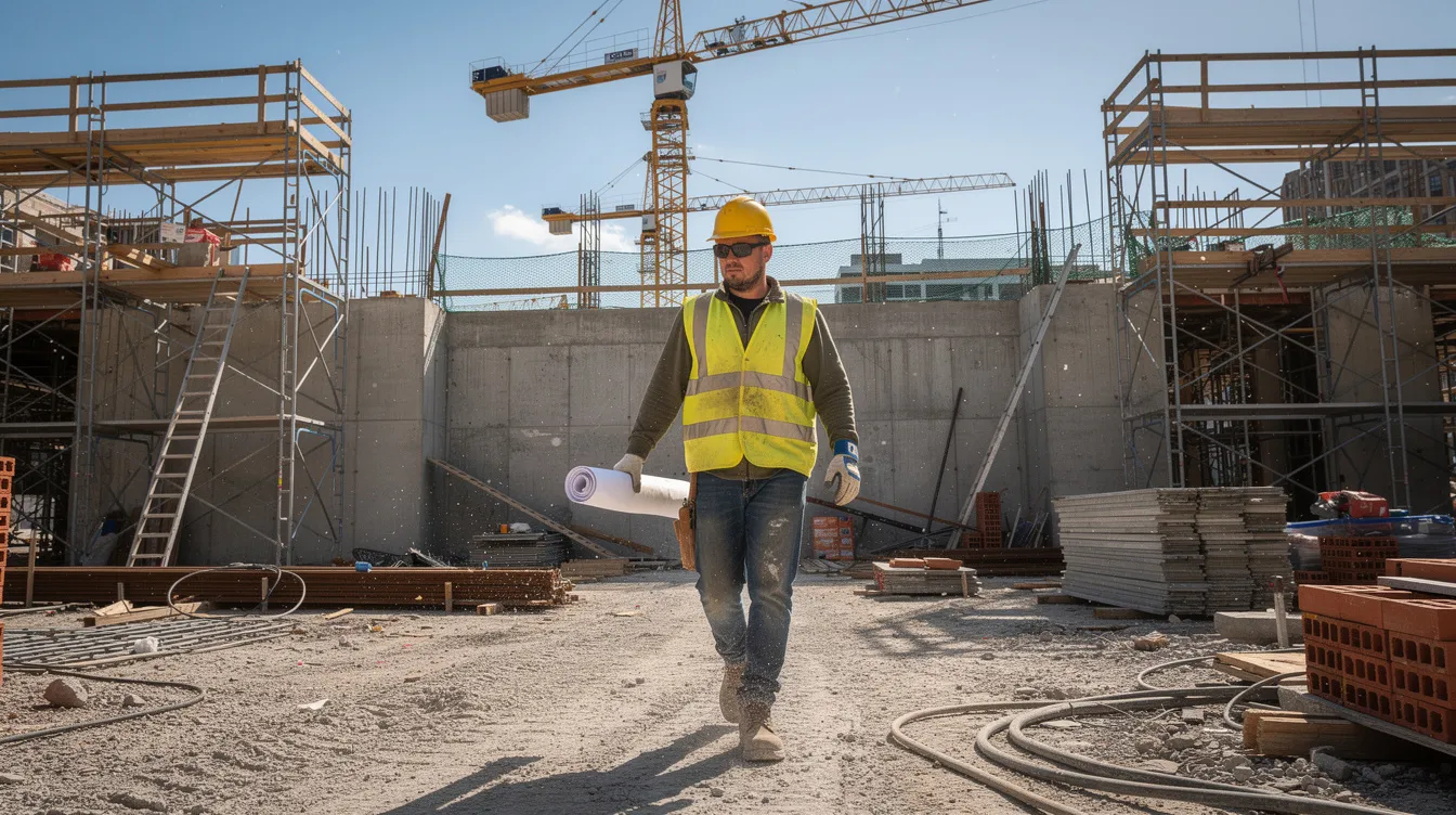 Ehitusplatsil liigub töötaja tellingute, kraanade ja ehitusmaterjalide vahel.