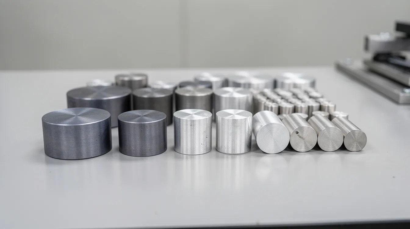 The image shows raw titanium and aluminum metal billets neatly arranged on a clean workshop table, highlighting materials commonly used in aerospace manufacturing. These billets are essential for precision machining processes to create intricate aerospace components with tight tolerances.