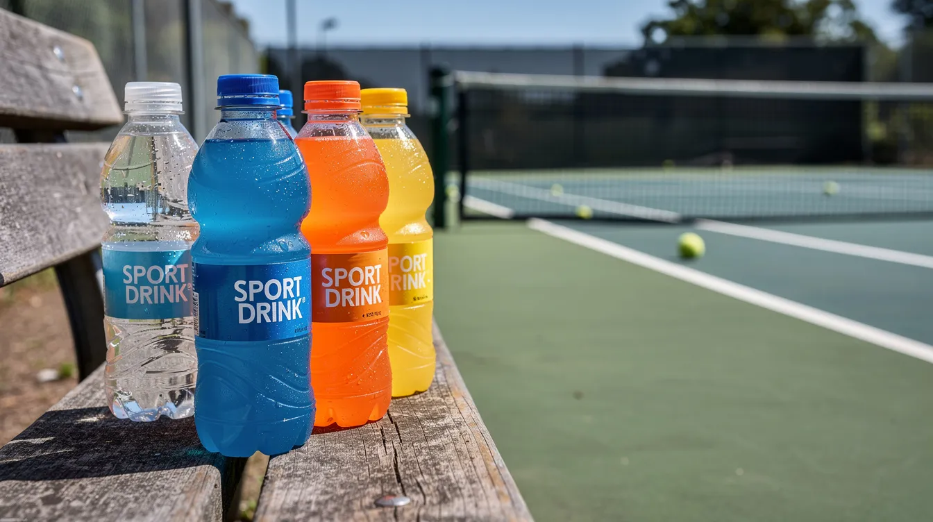A bench beside a tennis court is filled with water bottles and sports drinks, glistening in the sunlight on a warm day. These beverages are essential for proper hydration and optimal performance for tennis players preparing for their match.