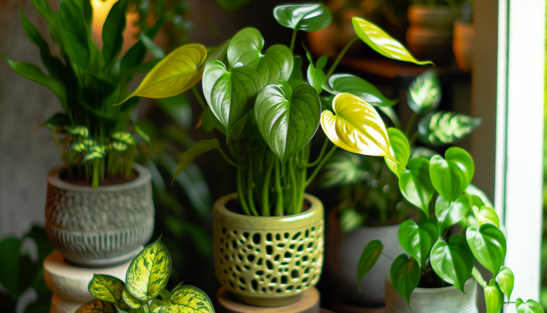 Photo of various types of money plants including Golden Pothos and Swiss Cheese Plant