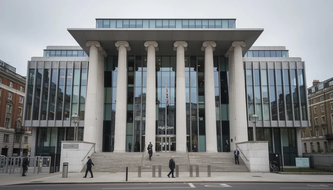The image depicts the exterior of a modern British high court building, featuring prominent columns that emphasize its grand architecture. This setting is significant in the context of legal proceedings related to the phone hacking scandal and the Leveson inquiry, which examined the unlawful information gathering practices of the British press.