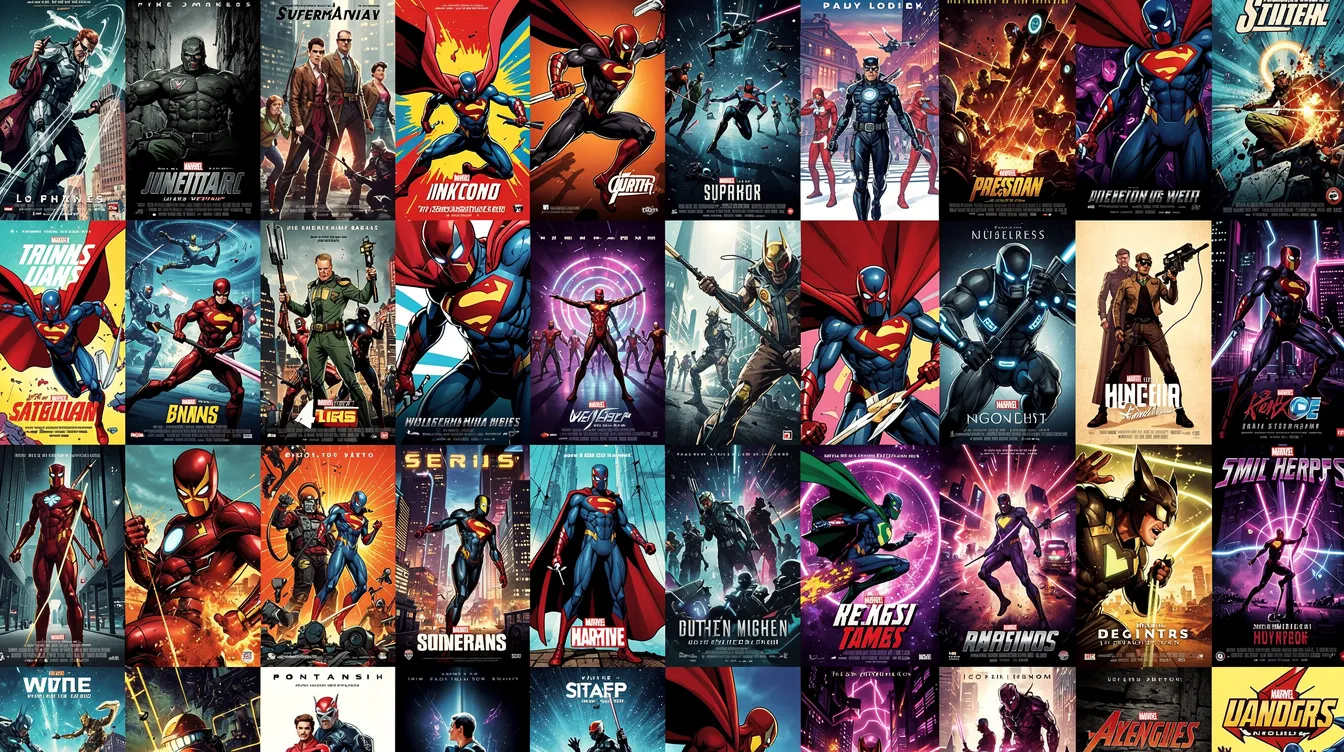 Ein buntes Raster aus Filmplakaten und Serienpostern zeigt verschiedene Superhelden wie Spider-Man, Iron Man und Captain America in unterschiedlichen visuellen Stilen. Diese Kunstwerke repräsentieren das Marvel Cinematic Universe und seine ikonischen Figuren, die in einer Vielzahl von Filmen und Serien auftreten.