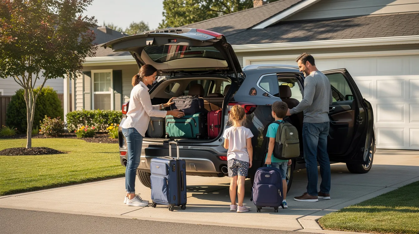 A family is seen loading luggage into the boot of an SUV parked in a residential driveway, preparing for a trip. This image highlights the practicality and boot space of modern vehicles, which often come equipped with safety features and improved fuel efficiency, making them a reliable choice for family travel.
