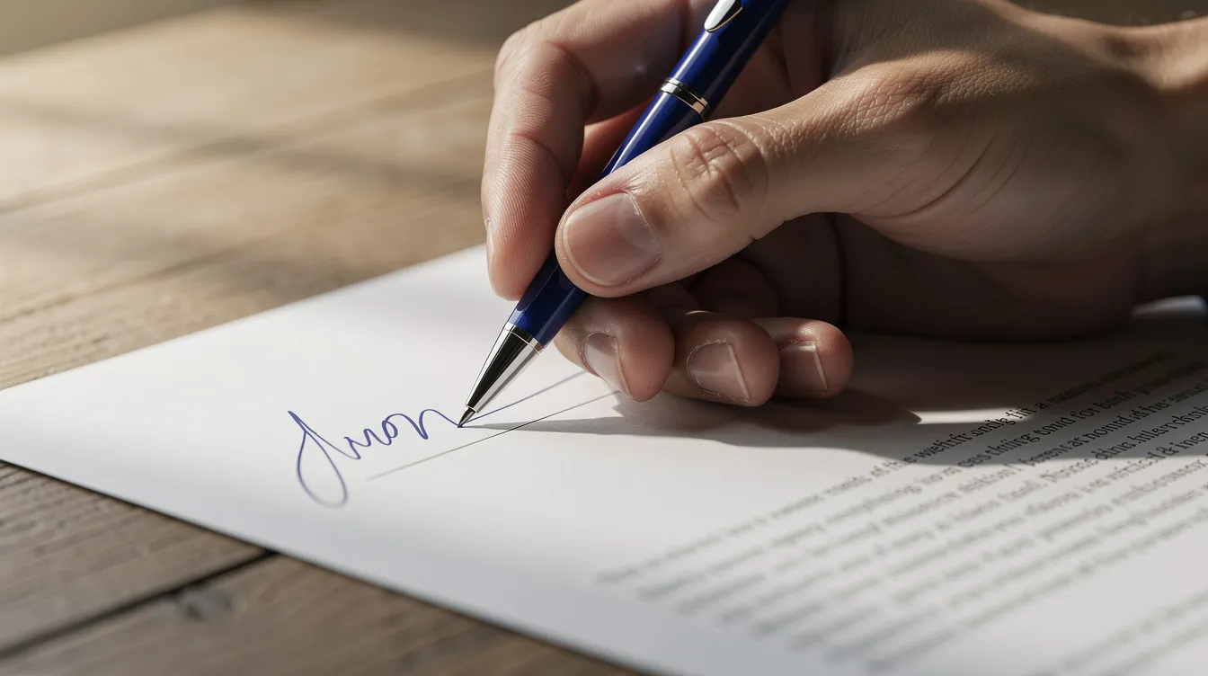 A close-up image of a hand signing a document with a blue pen on a wooden desk, possibly related to a loan application form for a mudra loan, which is essential for micro enterprises seeking funding in India. The document may contain details about eligibility, loan amount, and interest rates, reflecting the applicant's journey in securing financial support from a bank or lender.