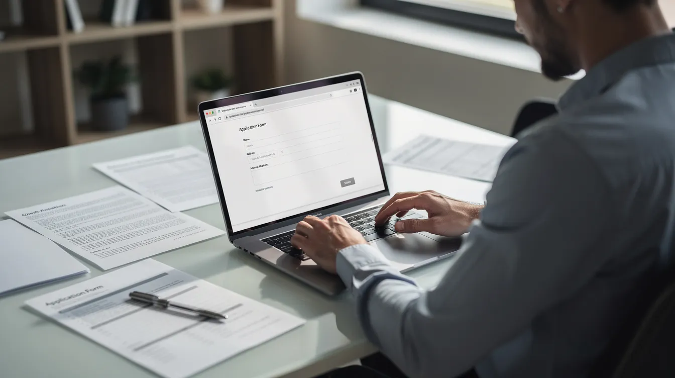 A person is seated at a desk, focused on a laptop computer while filling out online immigration forms, with various documents related to their application spread out nearby. This scene reflects the processes involved in navigating immigration services, possibly related to an immigration bill or updates from the Garda National Immigration Bureau in Ireland.