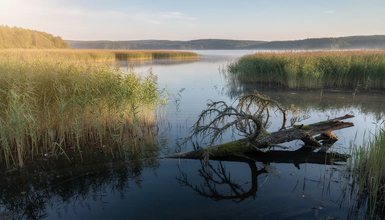 Na obrazku widać idealne miejsce połowu szczupaka - zatokę z bujnymi trzcinowiskami i zatopionym drzewem, które stają się doskonałym schronieniem dla drapieżników. Woda jest przejrzysta, co sprzyja skutecznemu połowowi, a wędkarze mogą wykorzystać różnorodne przynęty, takie jak gumowe przynęty czy wobler, aby złowić tę pożądaną rybę.