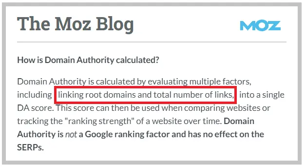 Moz Description of Domain Authority calculation