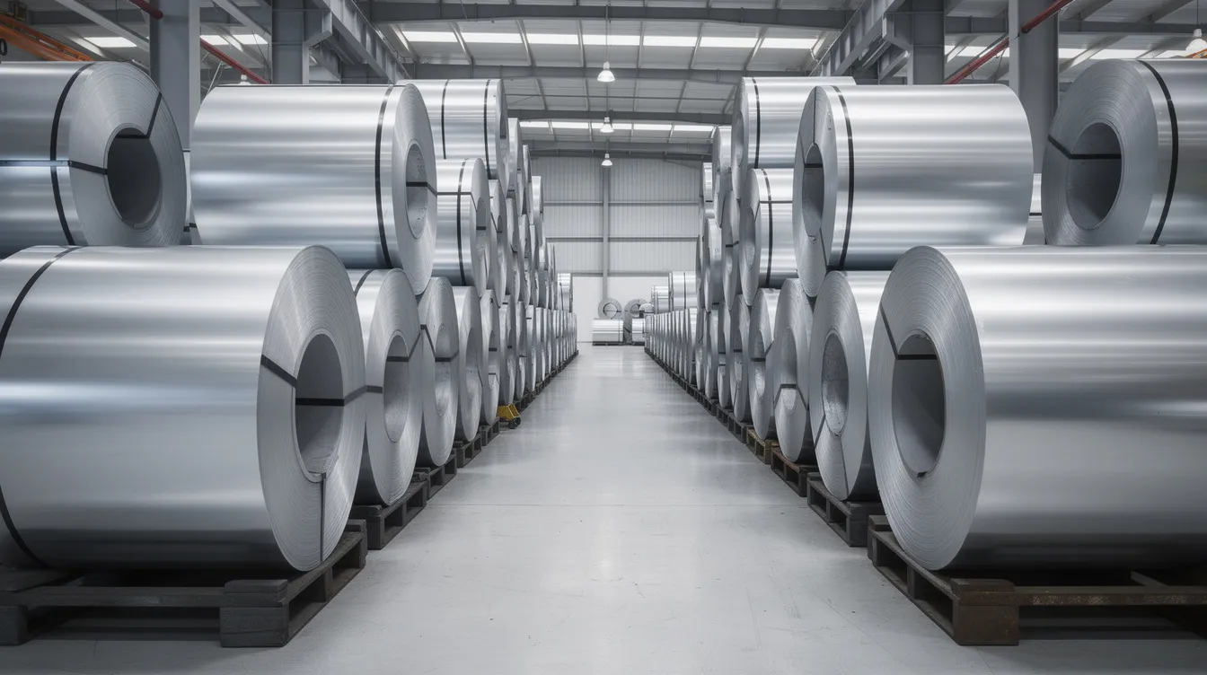 The image depicts rows of shiny silver cold rolled steel coils neatly stored in an industrial warehouse, showcasing their smooth surface and precise dimensions. These coils, unlike hot rolled steel, offer tighter tolerances and are essential raw materials for various industries.