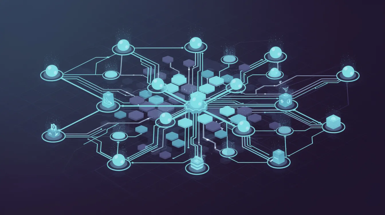The image features an abstract digital illustration of interconnected blockchain nodes, illuminated by glowing connections, symbolizing the intricate network of crypto gambling sites and their transactions. This visual representation highlights the technology behind reputable crypto casinos and the secure environment for online gambling.