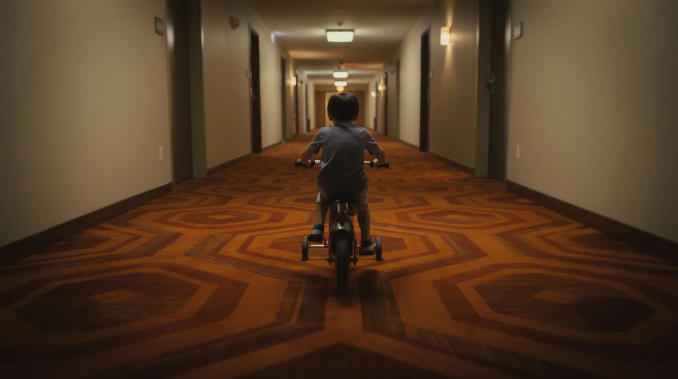 Ein kleines Kind fährt auf einem Dreirad durch einen langen Hotelflur, der mit auffälligen geometrischen Teppichmustern in Orange, Rot und Braun gestaltet ist. Die niedrige Kameraperspektive vermittelt das Gefühl, dass das Kind in einer surrealen Umgebung, ähnlich dem Overlook Hotel aus "The Shining", unterwegs ist.
