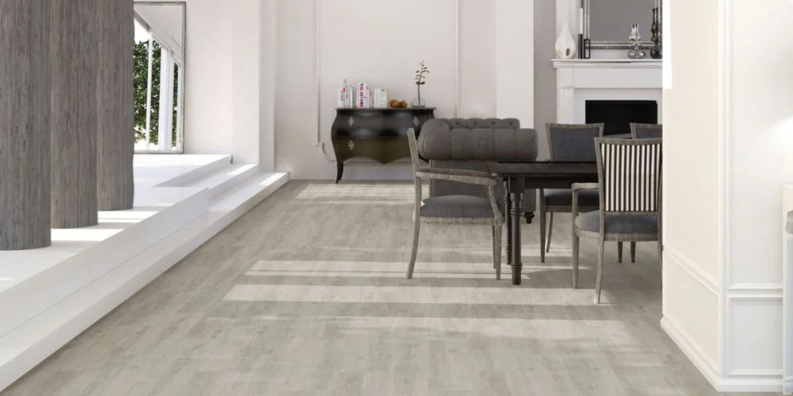 Neutral Greys hallway leading into a Living room with Light Grey tiles.