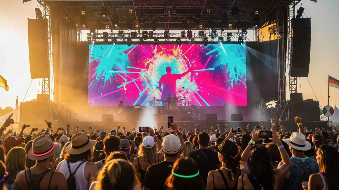 An outdoor LED screen displays vibrant concert visuals at a summer music festival, with an enthusiastic audience in the foreground enjoying the event. This setup highlights the impact of mobile LED displays for outdoor events, creating a memorable experience for guests.