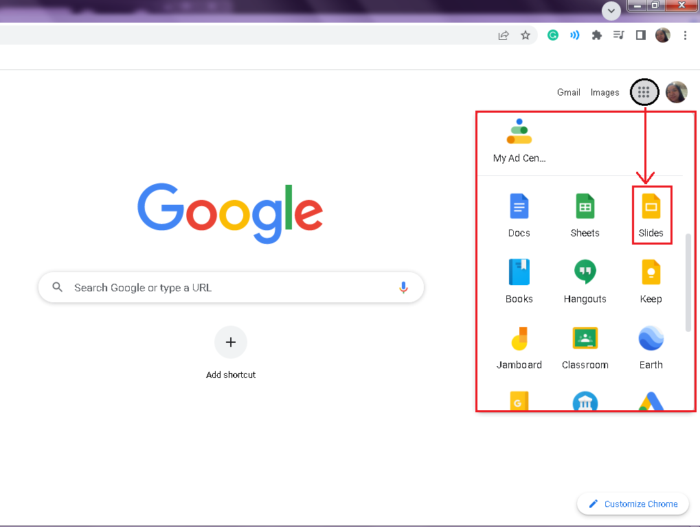 Navigate and select Google Slides