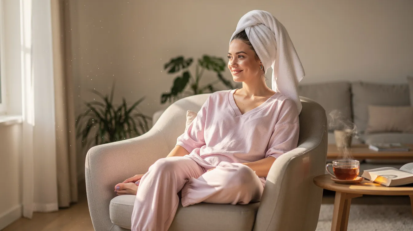 A woman is sitting comfortably with a towel wrapped around her damp hair, suggesting a hair care routine that may include the use of sweet almond oil for healthy hair growth and overall hair health. The scene conveys a sense of relaxation and self-care, highlighting the importance of nourishing hair with natural oils.