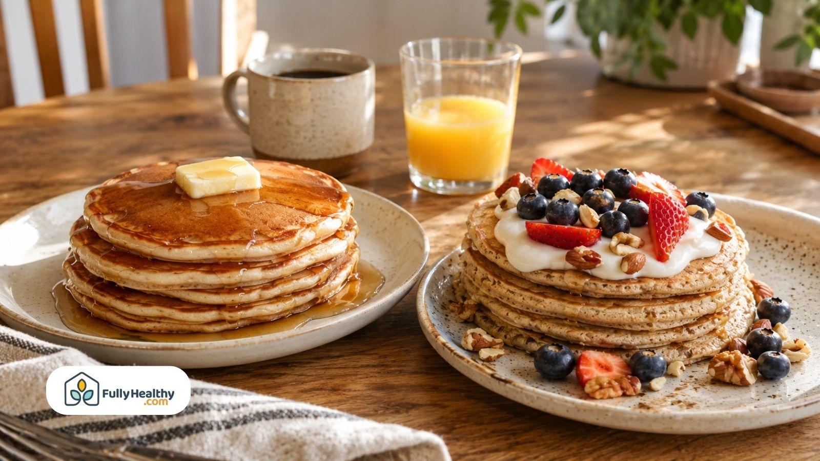 Traditional and whole grain pancakes with berries yogurt nuts and syrup
