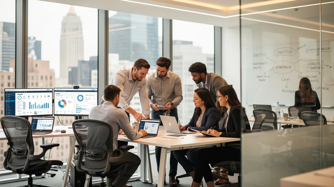 Un team di professionisti collabora in un moderno ambiente d'ufficio, circondato da schermi e documentazione, mentre si occupano di attività legate alla verifica antimafia e alla gestione di appalti pubblici. L'atmosfera è dinamica, con un focus sulla comunicazione antimafia e la prevenzione di tentativi di infiltrazione mafiosa.