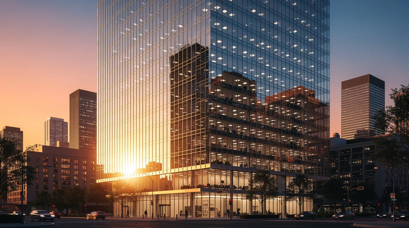 The image depicts a modern glass office building that beautifully reflects the city skyline during sunset, showcasing a vibrant blend of colors in the sky. This scene highlights the significance of commercial real estate marketing, emphasizing the importance of brand visibility and property exposure in attracting potential clients.