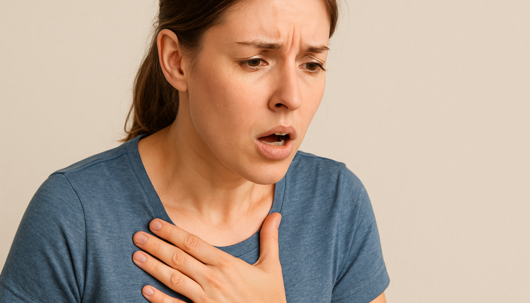 Kvinne holder hånden på brystet og puster tungt, viser tegn på kortpustethet og ubehag.