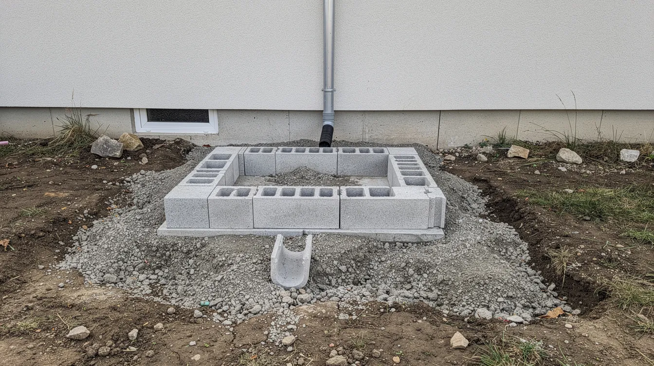 The image shows a sturdy concrete block base prepared for the installation of two rain barrels, designed for effective rainwater harvesting. This setup will help capture rainwater from the roof, providing a sustainable resource for lawn and garden irrigation while promoting water conservation.