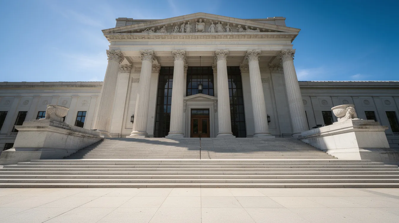 The image depicts the grand entrance of a courthouse featuring impressive stone columns and a set of steps, all set against a clear blue sky. This location symbolizes the legal representation available for various matters, including immigration law and family law issues, in the Torrance area and beyond.