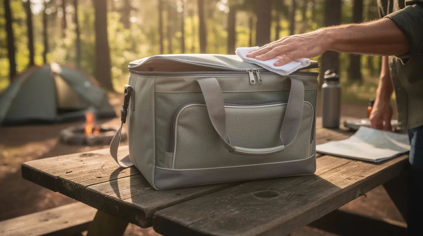 A person is wiping down a soft-sided cooler bag on a wooden picnic table at a campsite, showcasing its main zippered compartment featuring ice packs and two side mesh pockets for easy access. The cooler also includes a device attached bottle opener, making it perfect for outdoor outings and backyard BBQs.