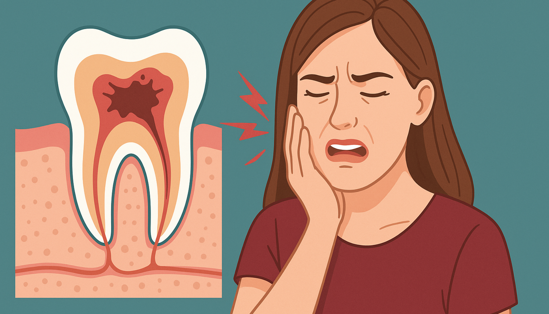 Pulpitt: Når Tannverken Betyr Alvor – Dette Må Du Vite 15 Illustrasjon av kvinne med kraftig tannverk ved pulpitt, ved siden av anatomisk tegning av tann med betent nerve.