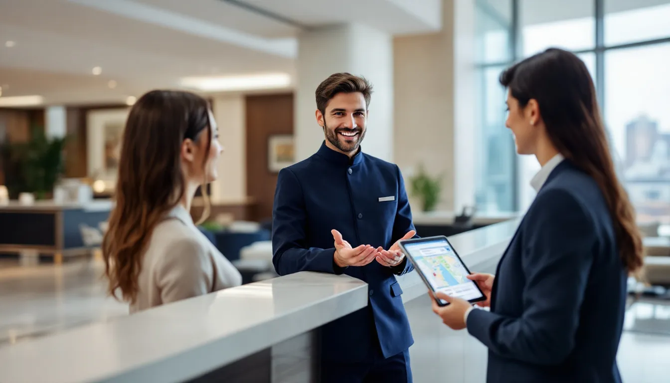 A hotel concierge is assisting guests with local recommendations while using a tablet device, showcasing the hotel's commitment to enhancing guest experiences through personalized service and local insights. This interaction highlights the importance of local search visibility and the role of digital tools in providing information about nearby attractions and events to ensure satisfied guests.