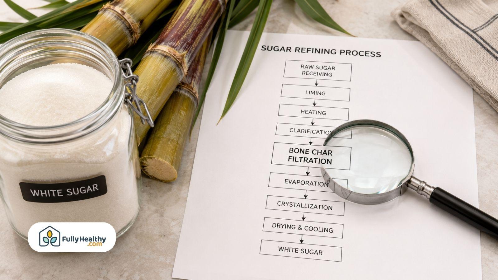 White sugar jar beside sugar refining process chart highlighting bone char filtration steps