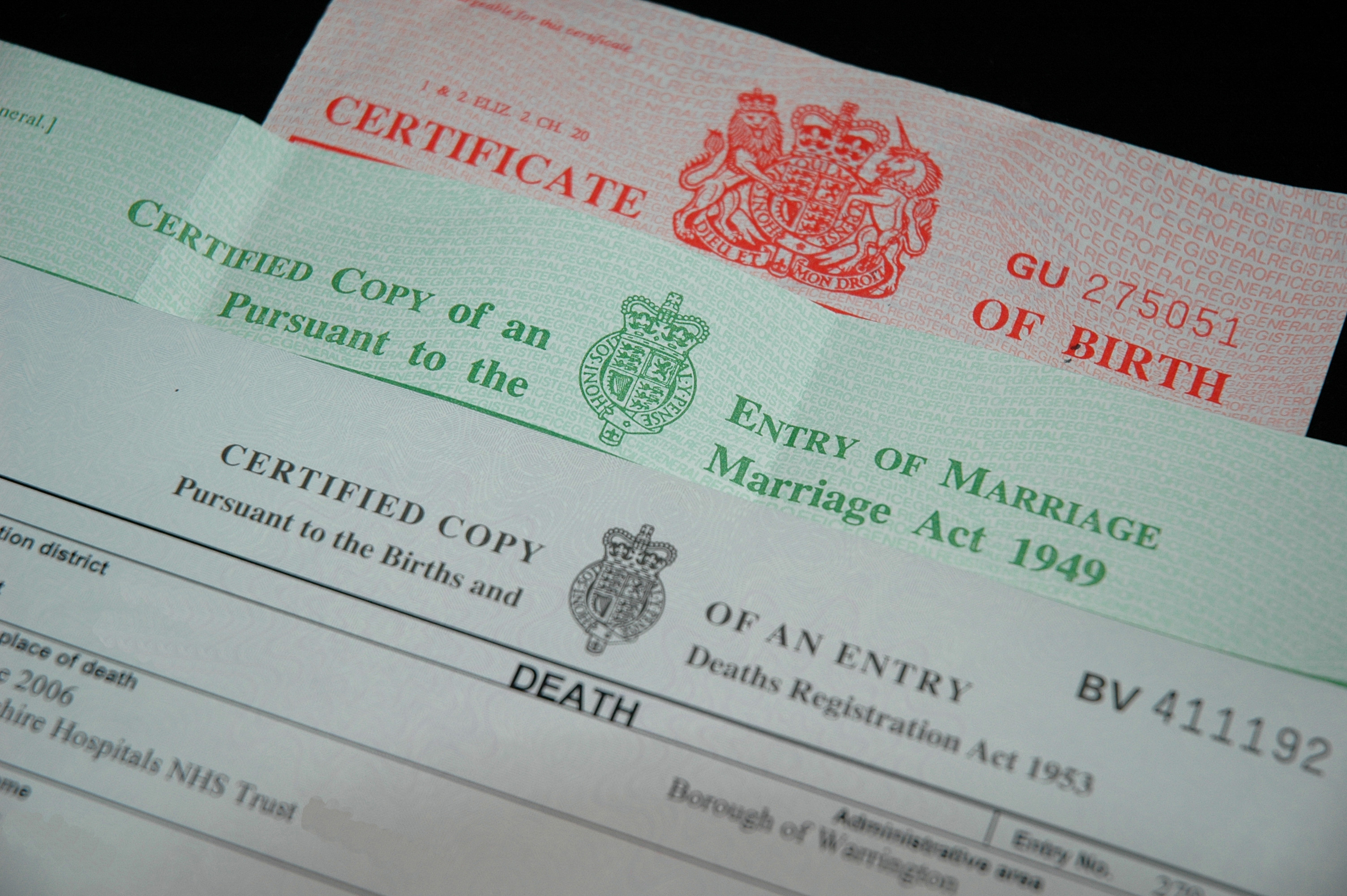 marriage, death and birth certificates