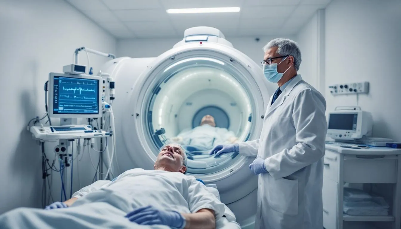 A medical professional is closely monitoring a patient inside a hyperbaric oxygen therapy chamber, which is designed to provide hyperbaric oxygen in a controlled environment. The chamber enhances oxygen concentration to promote healing for conditions such as chronic wounds and decompression sickness.