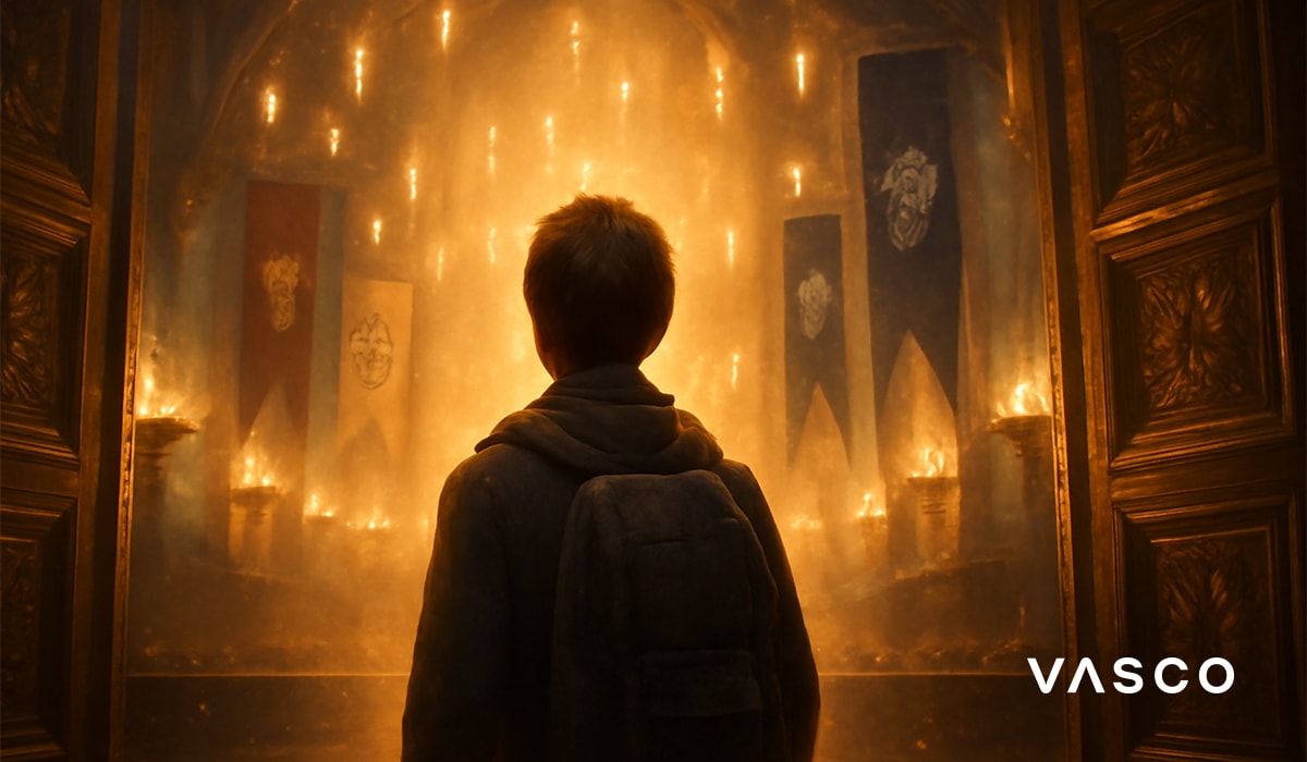 Un tânăr elev văzut din spate, cu un rucsac, stând în pragul Sălii Mari de la Hogwarts, care este plină de o lumină aurie, lumânări plutitoare și steagurile caselor.