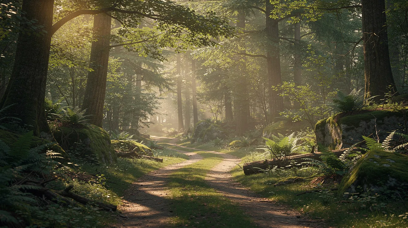The image depicts a winding path through a serene forest, illuminated by dappled sunlight filtering through the trees, inviting reflection on the journey of faith and the biblical truths that guide our lives. This peaceful setting symbolizes the relationship between God's sovereignty and human responsibility as we navigate the complexities of our own salvation.