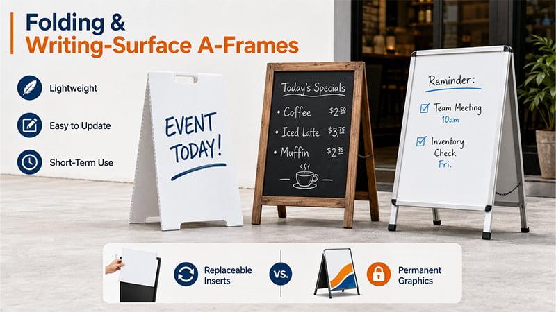 Folding A-frame signs with whiteboard, chalkboard, replaceable-insert, and permanent-graphic options